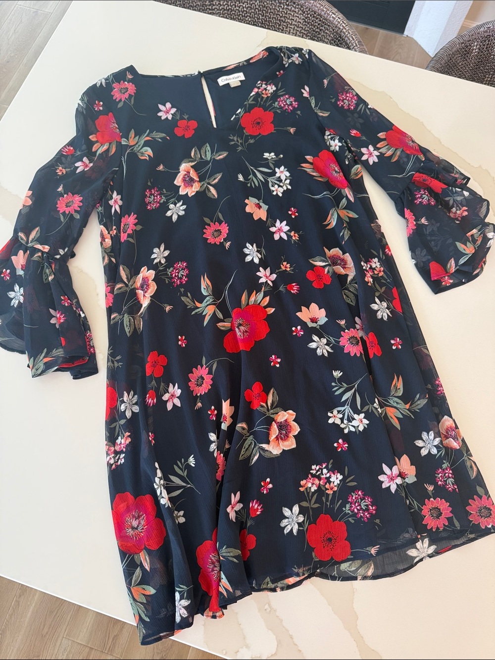 Calvin Klein Black Floral Bell-Sleeve Dress